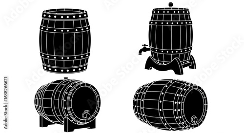Set of black wooden barrel silhouettes. Vintage cask icons for alcohol, wine, and beer concepts.
