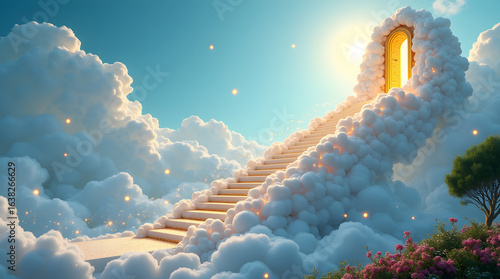 A dreamy staircase floating serenely in a soft blue sky, each step meticulously crafted from puffy white clouds and twinkling glowing stars .