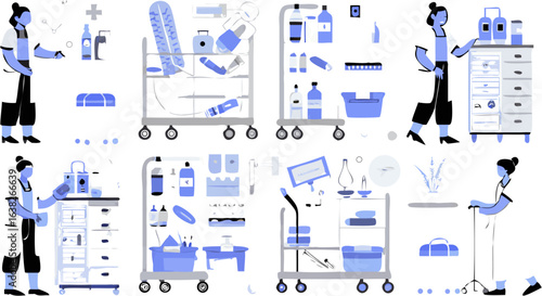 Illustration showing cleaning staff and cleaning supplies including carts, bottles and cleaning tools silhouette