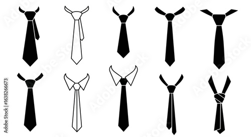 A diverse collection of black necktie illustrations showing various knots and styles. Set of vector icons and silhouettes for men's fashion.