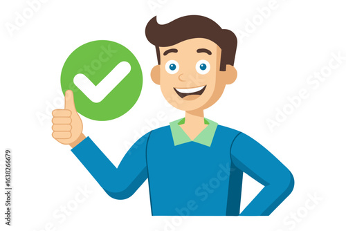 Positive Affirmation: A friendly cartoon character offers a thumbs-up, accompanied by a check mark, embodying agreement, approval, and validation.