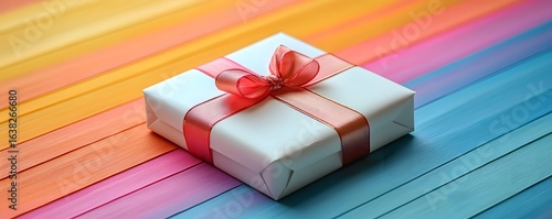 Elegant gift box on a vibrant rainbow colored background