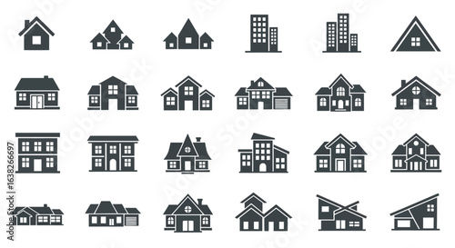 Set of residential building icons. A diverse collection of house silhouettes, modern architecture, and real estate property symbols.