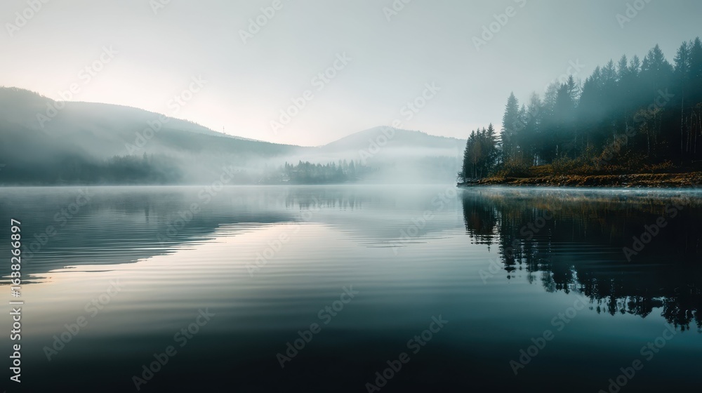 Fototapeta premium Tranquil Morning Fog Over Calm Lake with Soft Light Reflections
