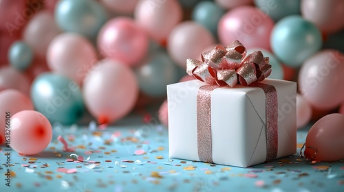 Festive gift box with colorful balloons and confetti