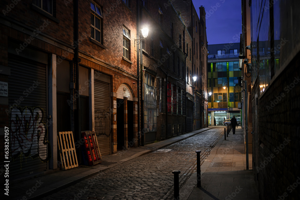 Fototapeta premium Narrow cobblestone street in Dublin at dusk with Victorian brick buildings and warm street lighting. Historic Irish city laneway with atmospheric evening ambiance.