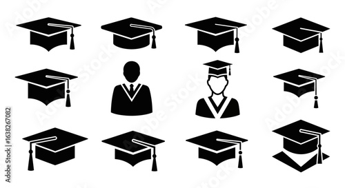 Vector collection of mortarboard hat and graduate person symbols. Icons for university, college, and school ceremony concepts.