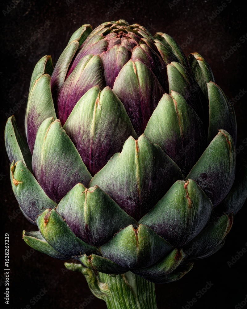 Artichoke close-up on dark backdrop for a cookbook, health food, restaurant menu Artichoke close-up on dark backdrop for a cookbook, health food, restaurant menu
