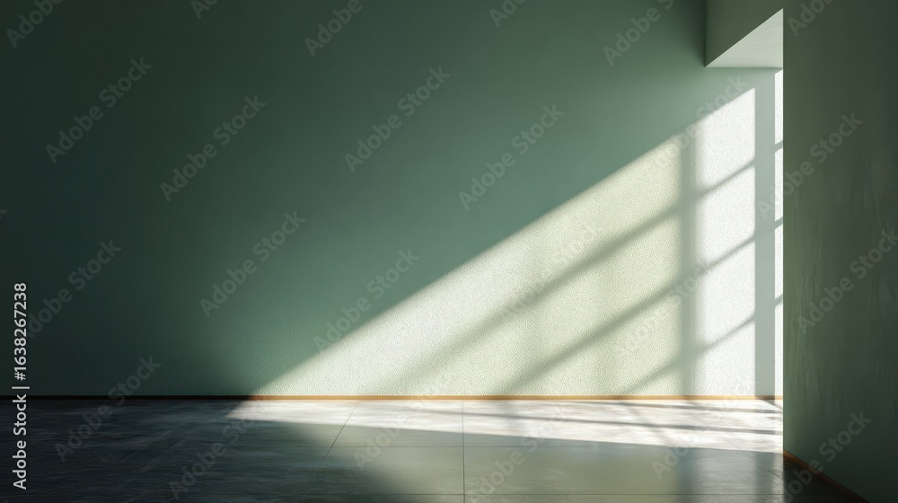 Fototapeta premium Minimalist Muted Green Wall Bathed in Sunlight Shadows