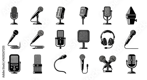 Monochrome vector icon set of various microphones for audio recording and communication.