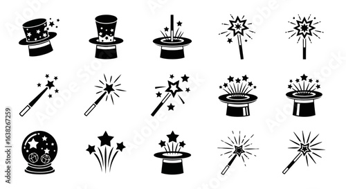 A conceptual set of magic show icons in black glyph style. Collection includes magician's top hat, sparkling wand, and crystal ball symbols.