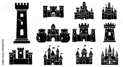 Ancient kingdom architecture icons. A collection of black silhouettes featuring medieval castles, fortresses, and fantasy towers.