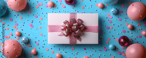 Festive birthday gift card with ribbon and confetti