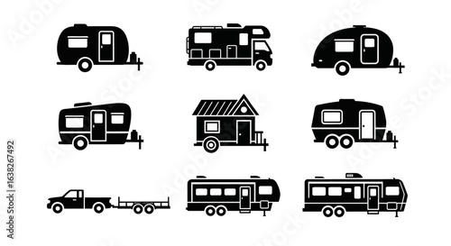 Set of recreational vehicle icons, including motorhome, travel trailer, fifth wheel, and teardrop camper silhouettes for travel and camping concepts.