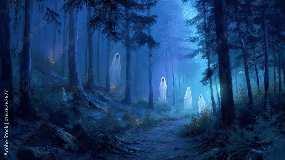 Obraz premium Mysterious Spirits Guardian Night Forest Trail Scene