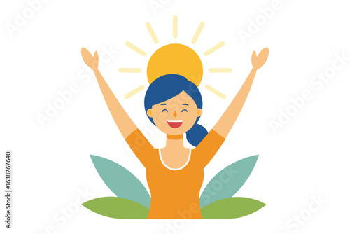 Joyful Embrace of Sunlight: An illustration capturing a moment of pure bliss as a woman reaches out, arms wide, towards a radiant sun, basking in its warmth and energy.