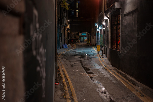 Photography Wet Dublin alley with graffiti and urban decay at night