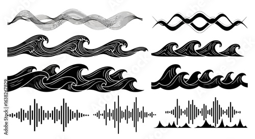A diverse set of stylized wave illustrations, featuring both oceanic sea crests and abstract audio soundwave patterns.