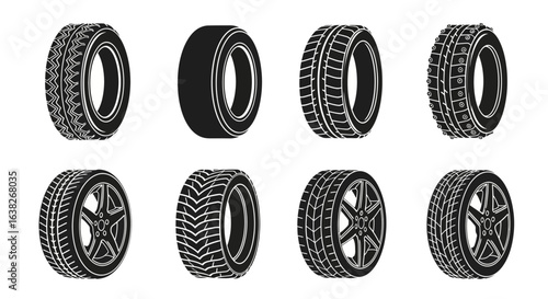 Set of black and white vector illustrations of automobile tires. A collection of car wheels with various tread patterns and rims.