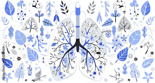 Illustration of human lungs with floral and leaf decorations in shades of blue and gray on white background silhouette