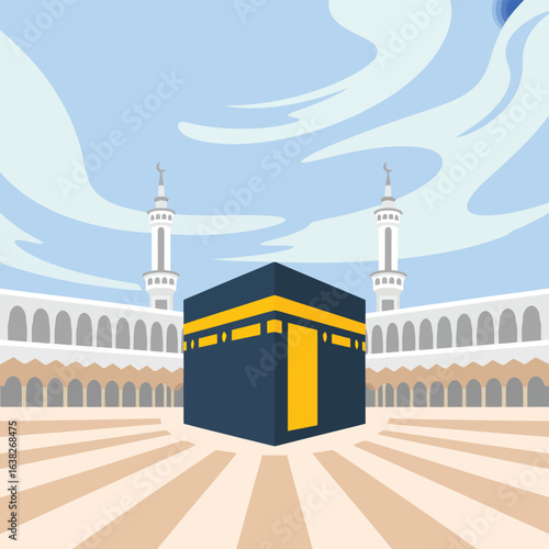 Minimalist illustration of the kaaba with minarets and arched colonnade mecca islam