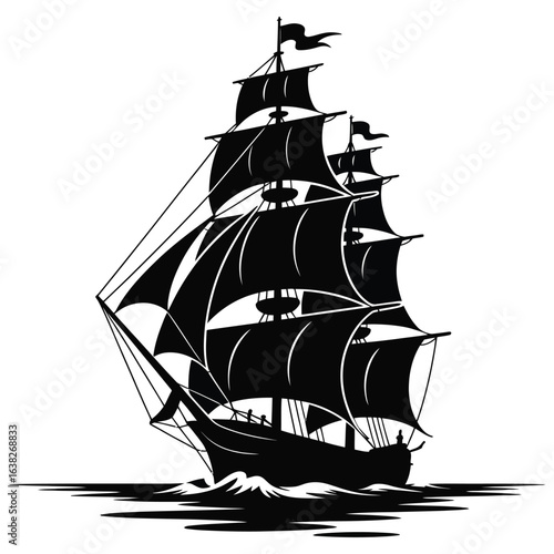 Majestic black sailing ship with full sails on choppy water boat ocean