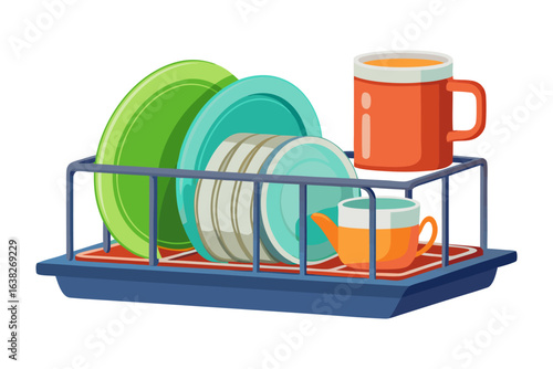 Arranged Dishes: A set of clean, colorful dishes and cups neatly arranged in a dish drying rack, ready for use, depicting a scene of domesticity.