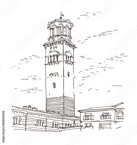 Hand-drawn black and white line sketch of Verona, Italy, featuring a tall bell tower and classic architecture. Urban drawing capturing the charm of historic Italian cityscape and old town streets.