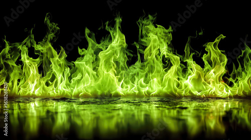 Sizzling green flames dance against a dark backdrop, creating a striking visual display of fire and vibrant color in an artistic arrangement
