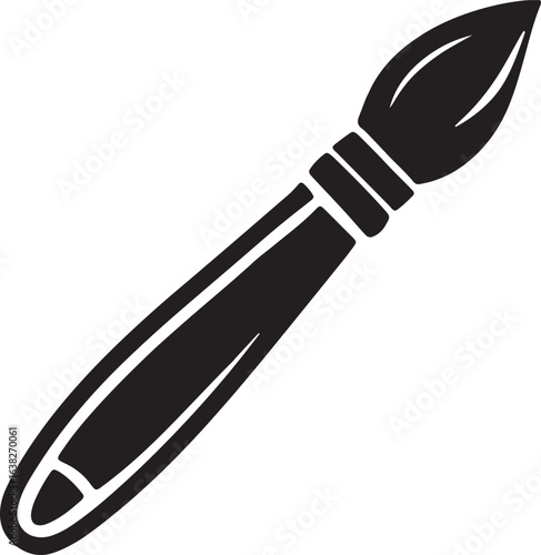 A simple black silhouette of a paintbrush with a rounded tip and a long handle isolated on a white background representing art and creativity