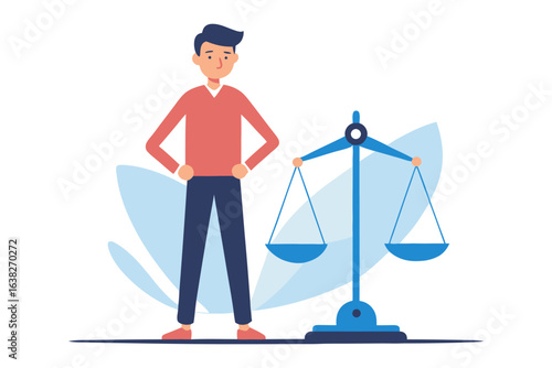 Illustration of Justice: An illustrative depiction of a figure standing confidently next to a balanced scale, conveying concepts of justice, equality, and fairness.