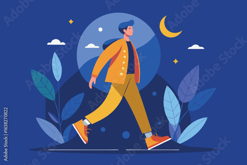 A stylish man walking at night under the moonlight with plants around him