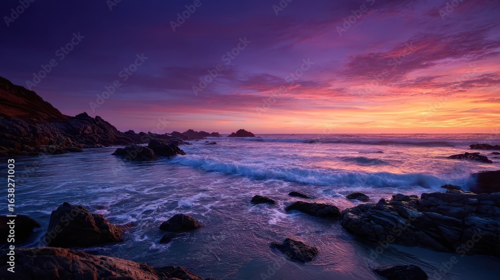 Fototapeta premium Rocky Shoreline with Tide Crashing at Vibrant Sunset Scene