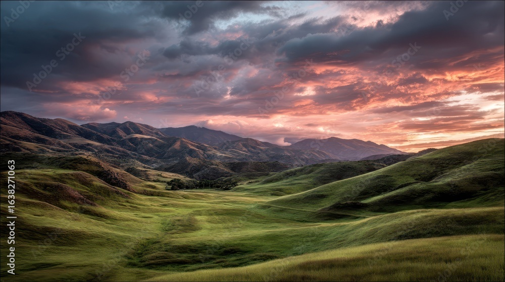 Fototapeta premium Dramatic Sunset Over Rolling Green Hills Under Colorful Sky