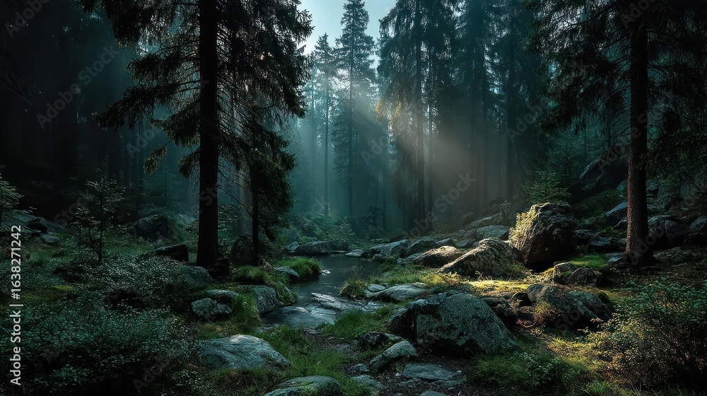Obraz premium Sunlight streams through misty forest