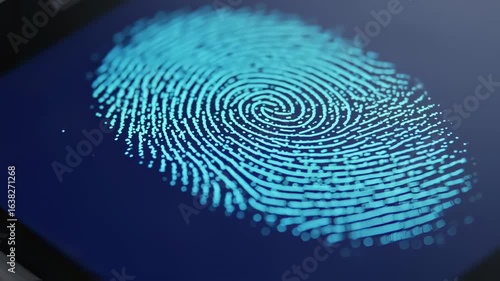 Futuristic Biometric Authentication with a Glowing Digital Fingerprint on a Tablet Screen
