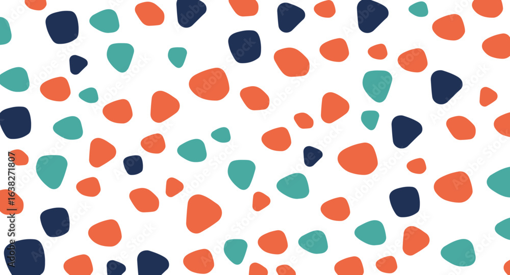 Fototapeta premium Abstract geometric pattern with orange, teal, and navy rounded shapes scattered on a clean white background, evoking a playful and modern aesthetic