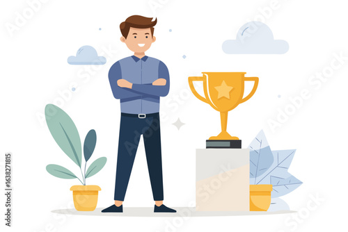 Achiever and Trophy: A confident individual stands beside a prestigious trophy, symbolizing accomplishment, ambition, and personal triumph. The scene radiates positivity and potential.