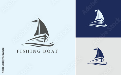 Sail Boat Ship Vessel and sea wave for Ocean Sailing Adventure Travel Trip Transportation logo design