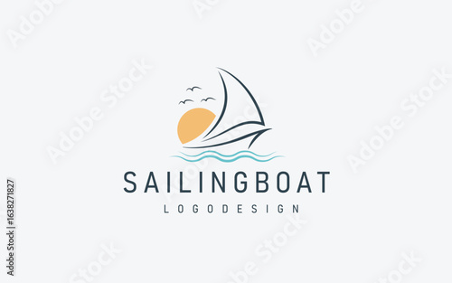 Simple Sailboat sailing boat ship on Sea Ocean Wave with line art style logo design