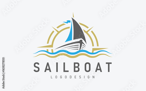 Simple Sail Boat Ship with Compass and Sea Ocean Wave for Travel Transport Nautical logo design