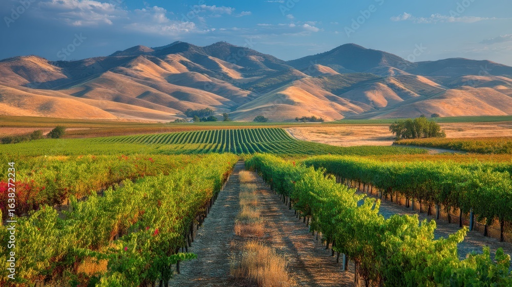 Naklejka premium Scenic Vineyard Rows Under Soft Rolling Hills at Dusk