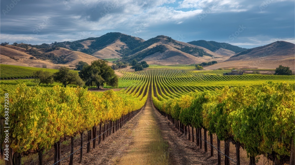 Fototapeta premium Scenic Vineyard Rows Amidst Soft Rolling Hills Under Blue Sky