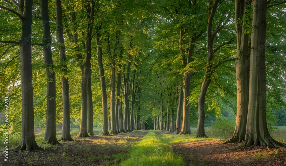 Obraz premium Stunning forest path with vibrant green trees and sunlight, perfect for serene getaway