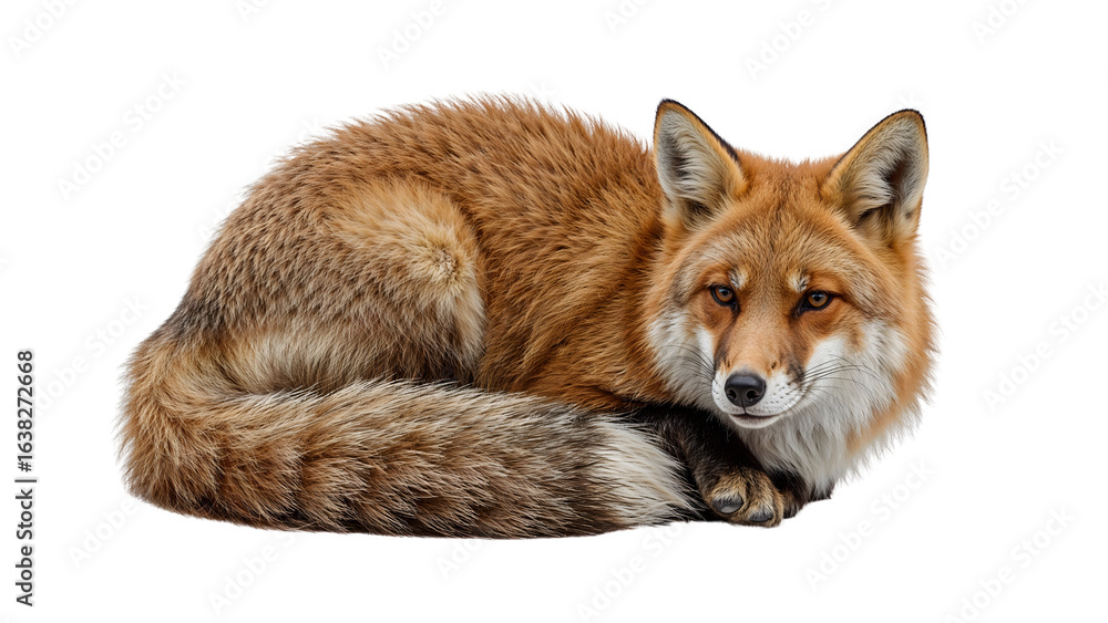 Fototapeta premium Red fox resting with fluffy tail curled, isolated on the transparent background wildlife mammal nature closeup