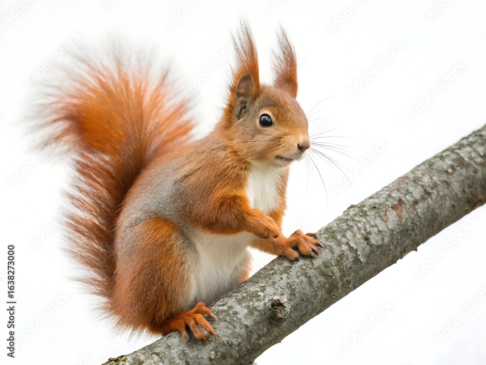 Obraz premium A european red squirrel perched on a tree branch against a bright white background in the daylight