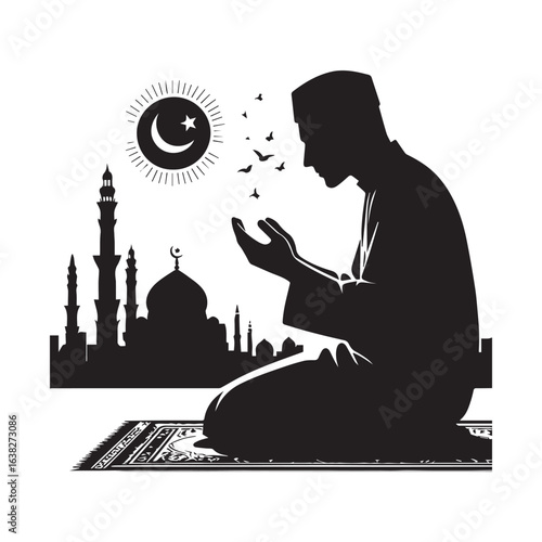 Islamic Prayer Illustration with Mosque Background