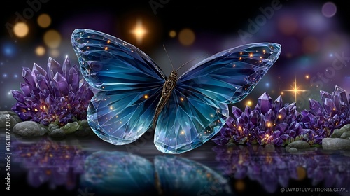 Magical Crystal Butterfly with Glowing Wings in Fantasy Night Sky