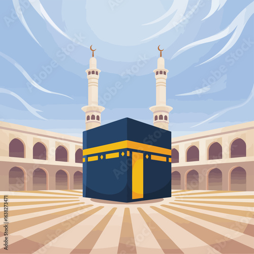 Kaaba structure with minarets and arched building under cloudy sky mecca islam