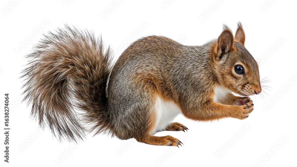 Fototapeta premium Red squirrel with fluffy tail isolated on the transparent background, closeup of adorable rodent holding nut in paws, wildlife mammal detail
